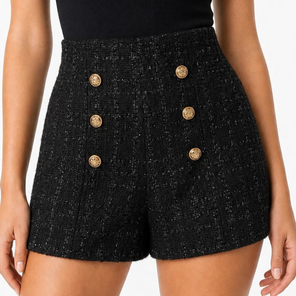 Unbranded Women's Black Metallic Tweed Wtih Gold Buttons Sailor Hi-Rise Shorts M